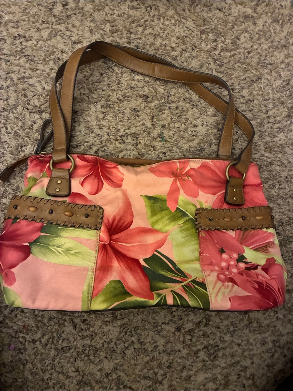 Relic Pink‎ Floral Shoulder Bag with Brown Trim